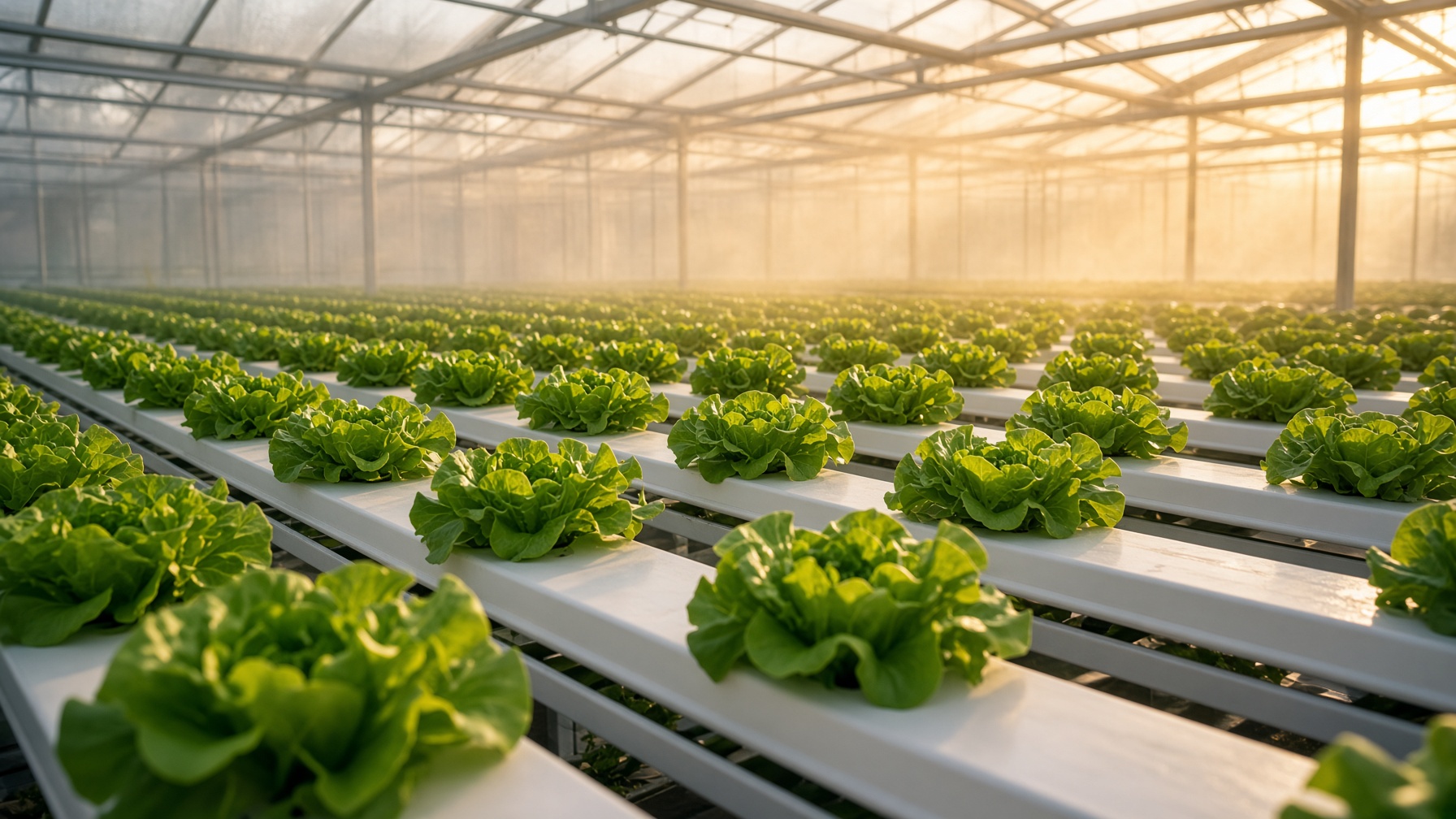 Rows of hydroponic lettuce in a glasshouse
