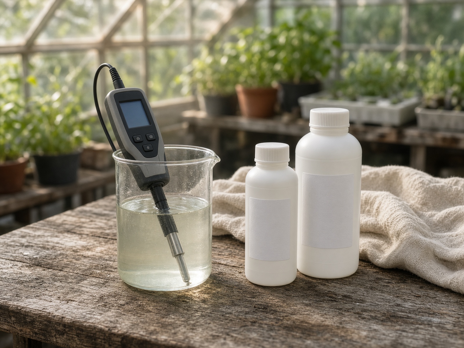 pH meter and nutrient concentrates on a workbench